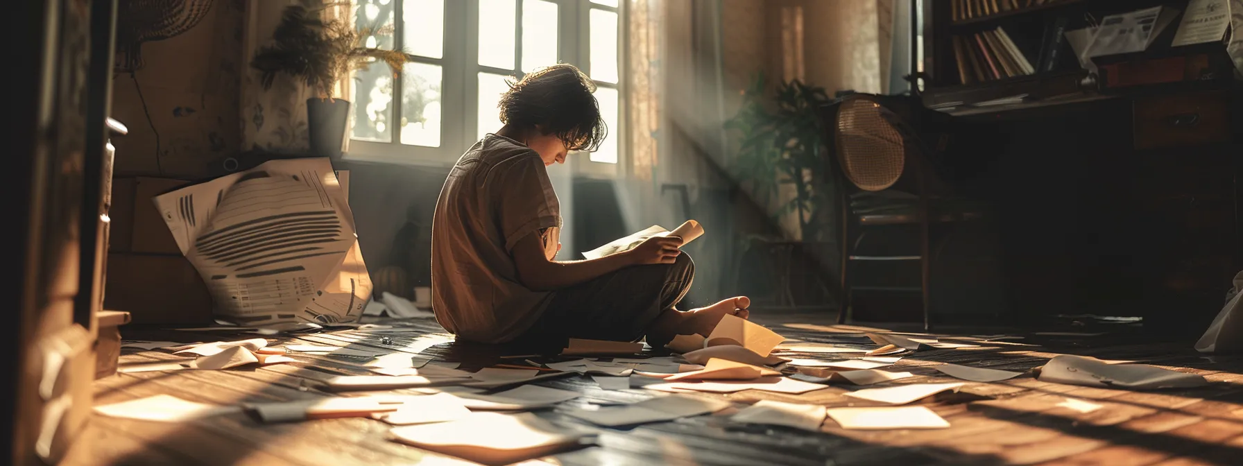 a person sitting alone in a dimly lit room, deep in thought and surrounded by scattered pieces of paper.