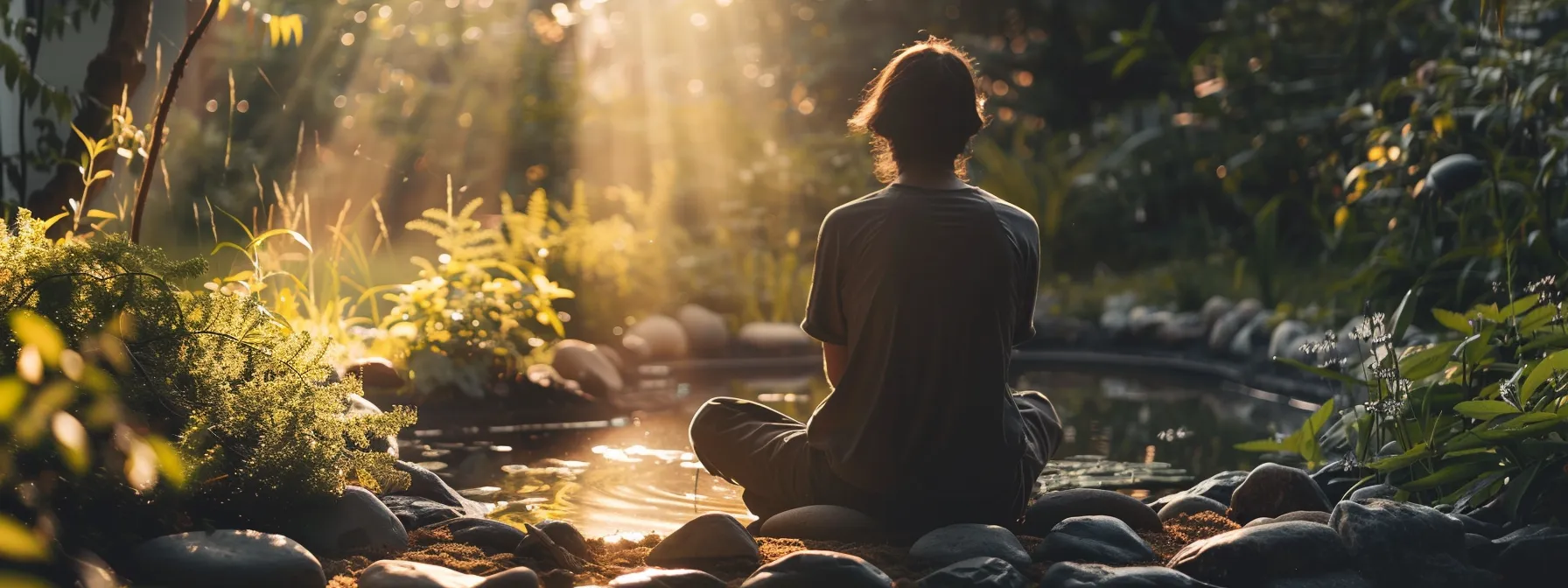 a person sitting in a peaceful garden, reflecting on their progress in managing depression and embracing holistic lifestyle approaches.