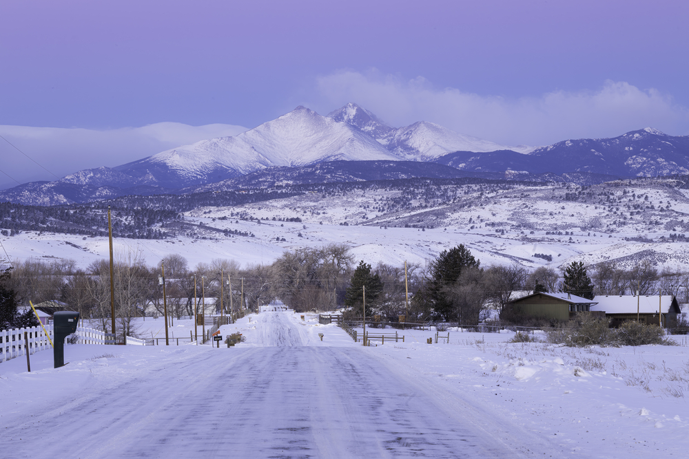 About Balance Counseling, Longmont Weather, snowy road with mountains in background