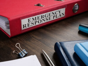 About Balance Counseling, Mead emergency preparedness, red binder with "emergency response plan"