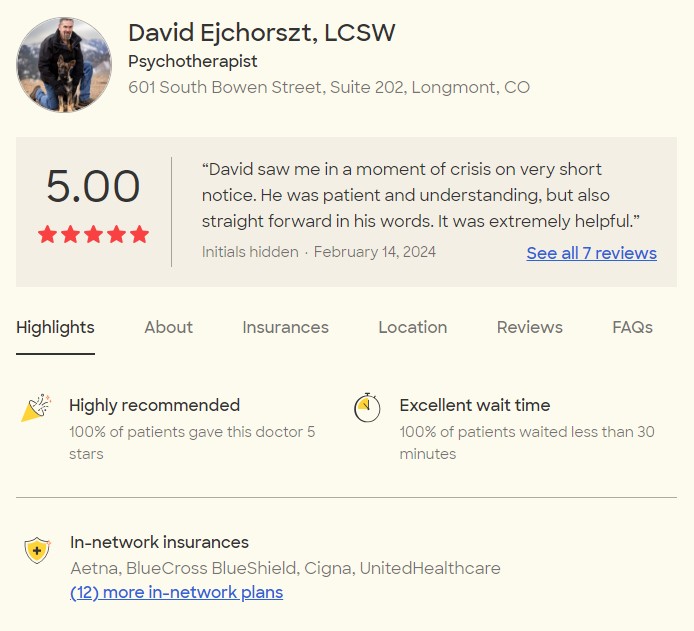 5 star review for David Ejchorszt with About Balance Counseling in Longmont, CO. Anxiety and Depression therapy.